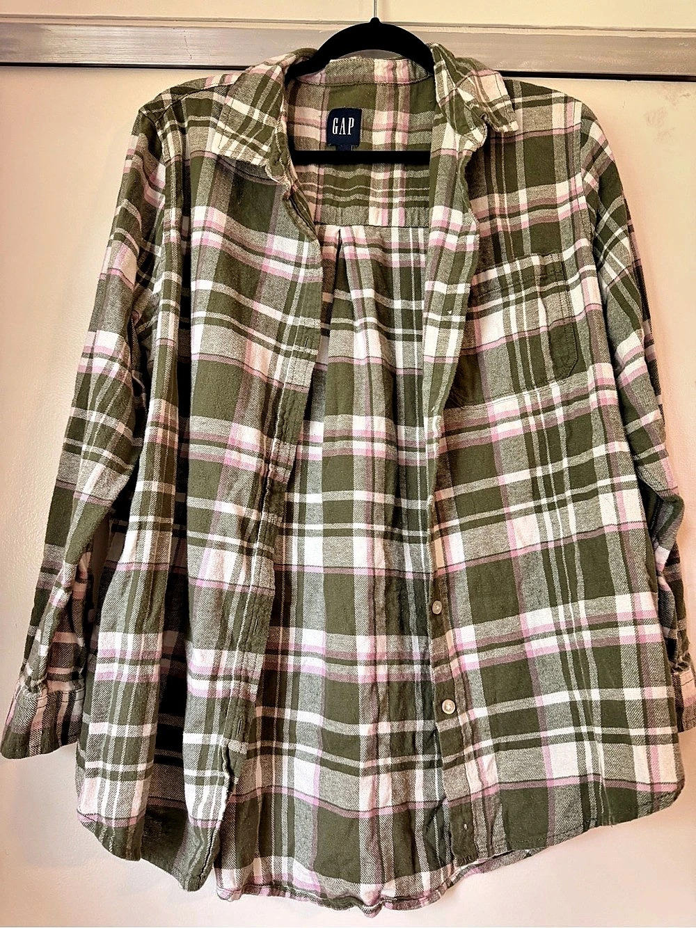 GAP Cotton Flannel Plaid Shirt Green & Pink Size Large